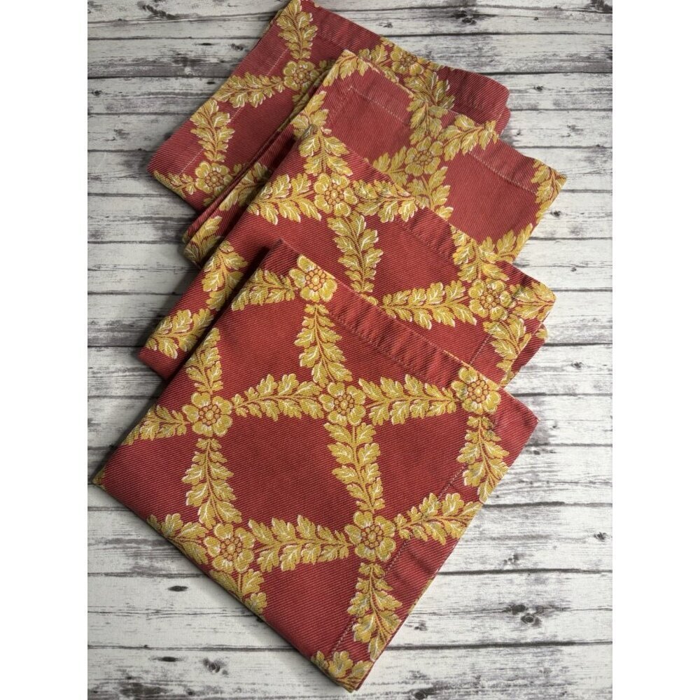 4 Cotton Damask  FRETTE Gold‎ Red Colored Cloth Napkins ITALY Leafy Florals